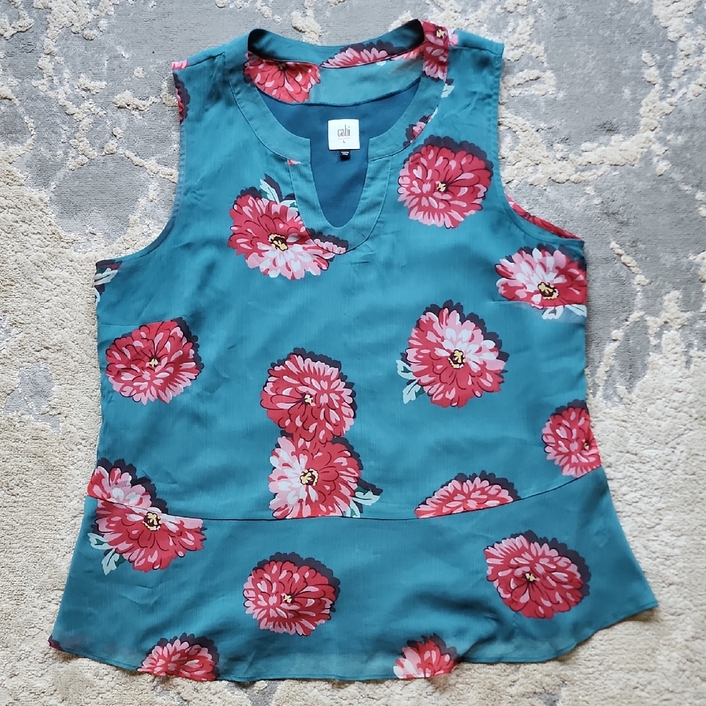 CAbi Blue Sleeveless Blouse with Artistic Pink Floral Pattern